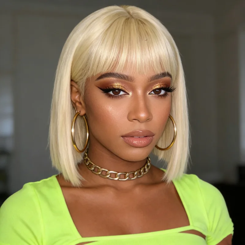 Fashionable light blonde short hair wig for African women with bangs, synthetic fiber realistic headpiece