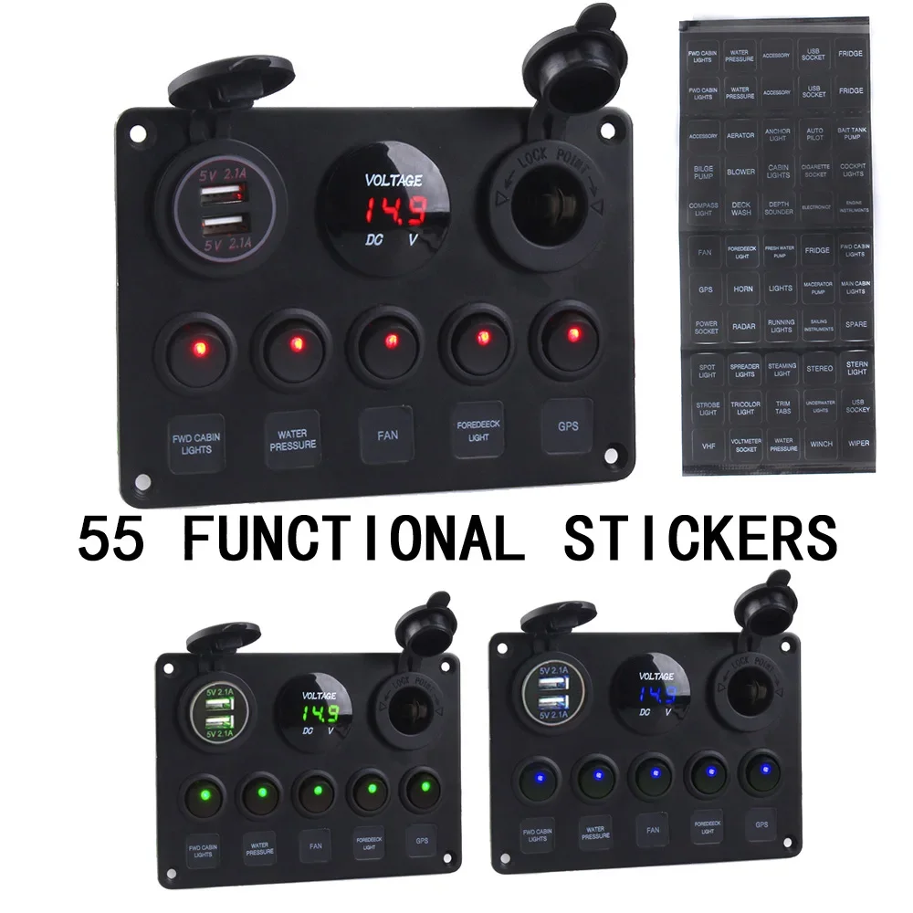 Boat Switch Panel Car Switch Panel Waterproof Digital Voltmeter Dual USB Port 12V Outlet Combination Marine LED Rocker 5 Gang