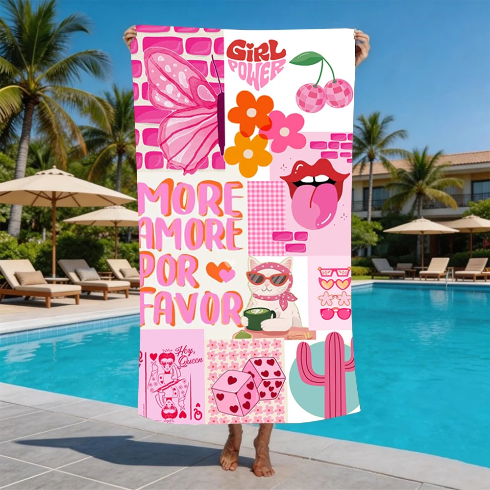 Pink Miami Ibiza Retro Travel Collage Beach Towel For Y2k Fashion Girls Holiday Quick Dry Bath Towel