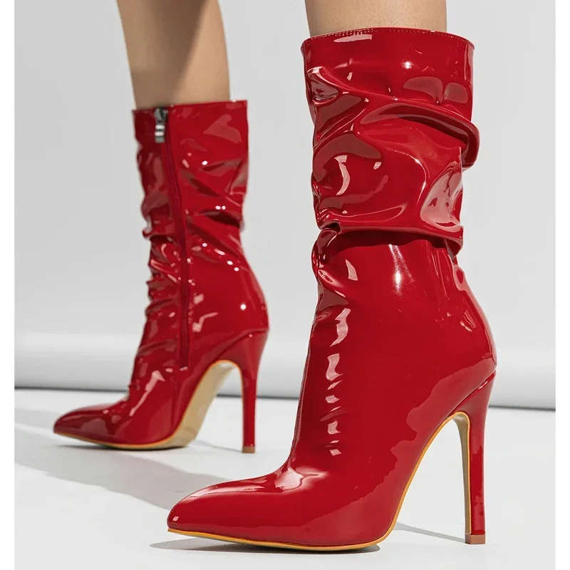 Eilyken Street Style Patent Leather Thin High Heels Women Ankle Boots Designer Pleated Zip Short Booties Sexy Party Prom Shoes image 3