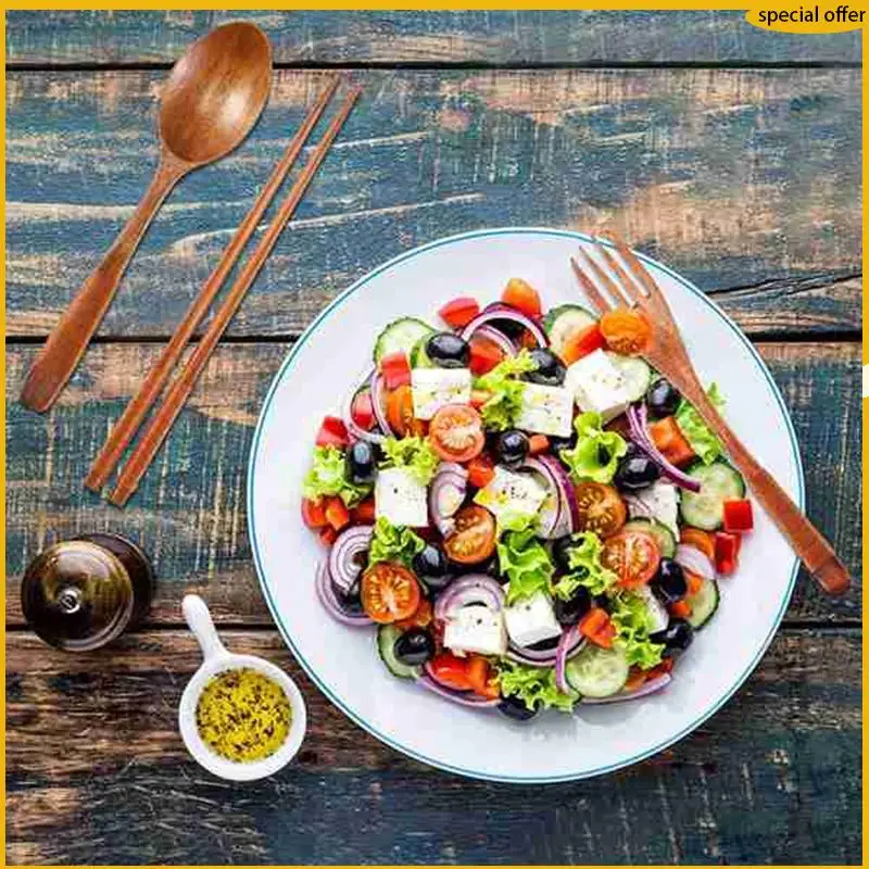 

A50I 2 Set Wooden Flatware Tableware Cutlery Set Travel Utensils Tied Line Reusable Flatware, Wooden Fork Spoon Chopsticks