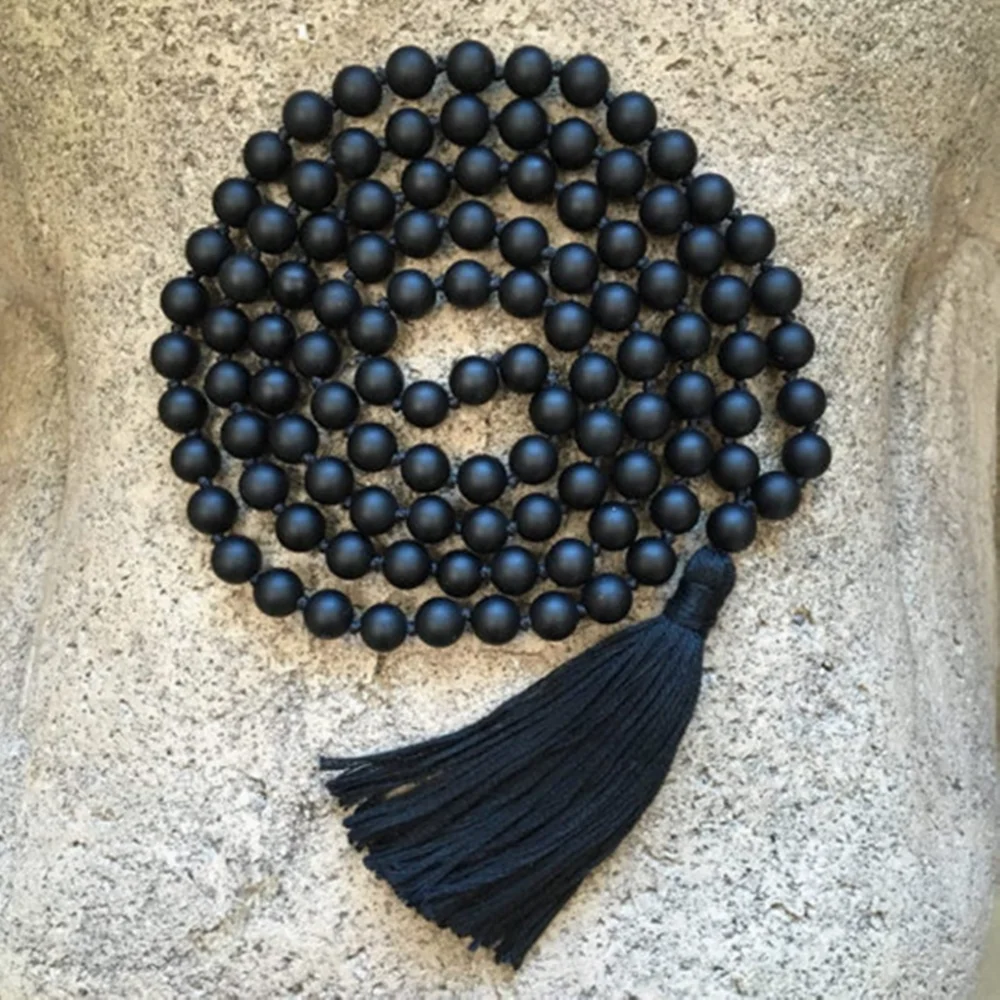 Spiritual Black Natural Stone Beaded Pendant Necklace Jasper Beads Tassel Necklace Healing Stone Meditation Necklace for Men