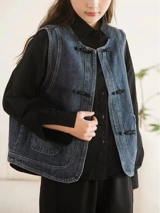 Rétro Sle boutonné Denim gilet femmes ort Jaet printemps superposition petite taille nouveau chinois Sle oulder Pad gilet