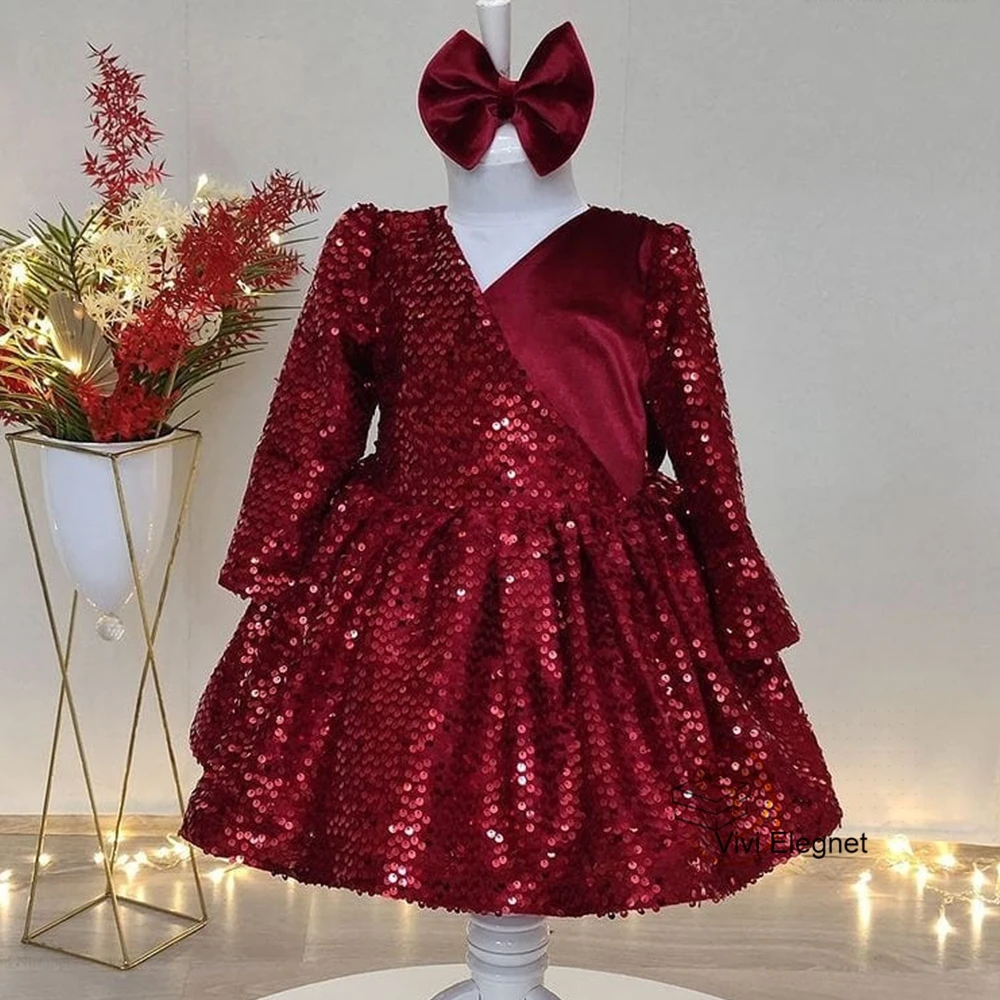 High Quality New Burgundy Flower Girl Dresses for Baby Bitthday 2023 New Sequined Full Sleeve Wedding Party Gowns with Bow