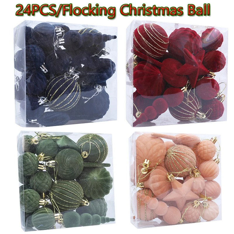 

4-6CM 24PCS Christmas Ball Ornaments Flocking Special-shaped Christmas Tree Party Decoration New Christmas Spheres Pendant Suit