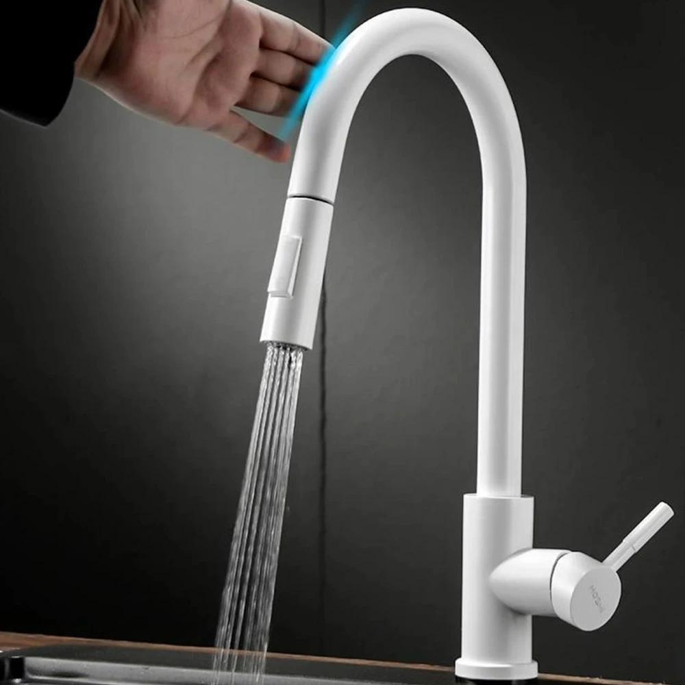 

Touchless Sensor Kitchen Mixer Faucet 304 Stainless Steel Cold & Hot Water Pull Out Hose White ,Black ,Brushed Grey and Golden