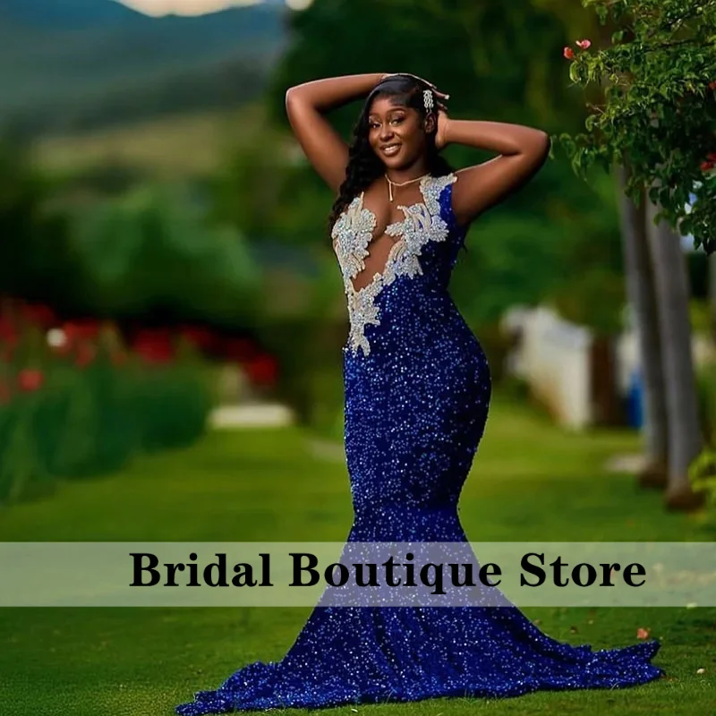 Stunning Blue Prom Dresses 2025 Luxury Mermaid Party Dress Long Crystal Sequined Elegant Celebrity Evening Gowns Customized