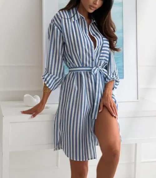 

2025 Dress Women's Fashion Summer Latest Hot Selling Style Elegant Sexy Autumn Print Lapel Loose Waistband Dress for Women