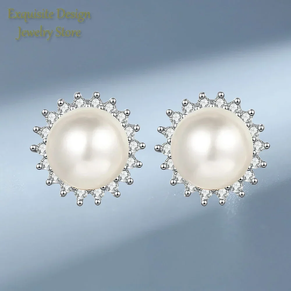Elegant Sunflower Platinum Pt950 Earrings with 6mm Freshwater Pearl, Fashionable Moissanite 21 Point High-end Design Ear Studs