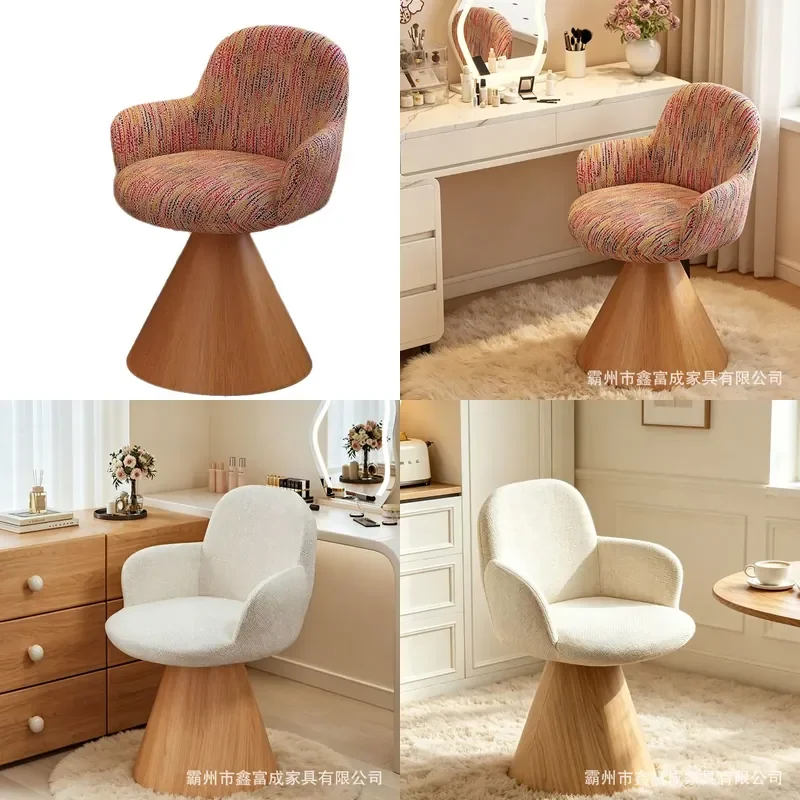 Luxury Fabric Makeup Stool with Armrests Rotating Vanity Chair Soft Upholstered Seat for Bedroom Dressing Table Manicure