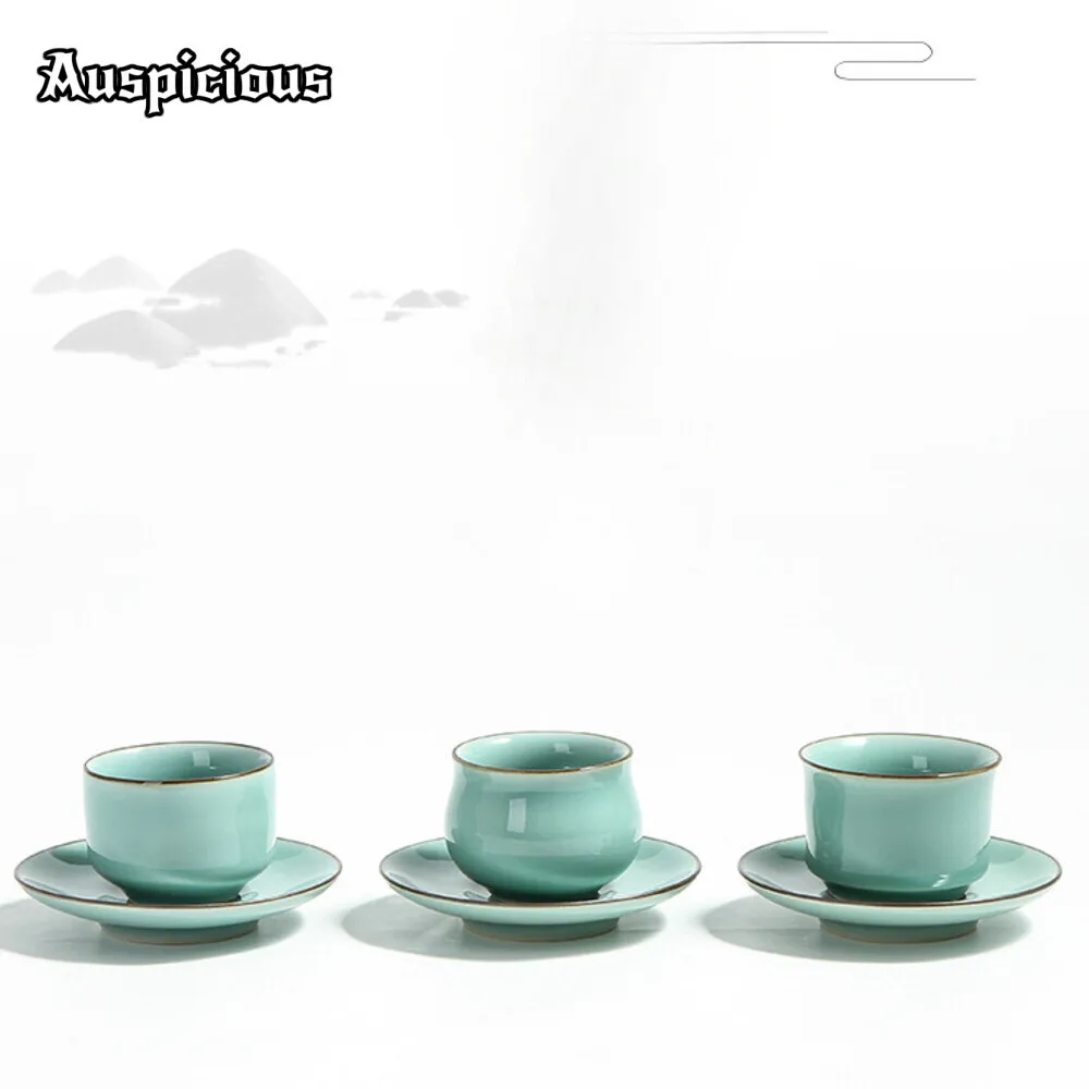 70ml Creative Longquan Celadon Teacup Handicraft Personal Cup Saucer Set Azure Tea Bowl with Saucer Kit Chazhan Kung Fu Teaset