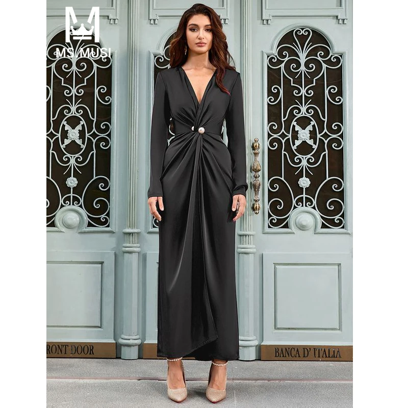 

MSMUSI 2024 New Fashion Women Sexy Solid Button Draped Fold Long Sleeve Bodycon Party Club Event Slit Satin Maxi Dress Long Gown