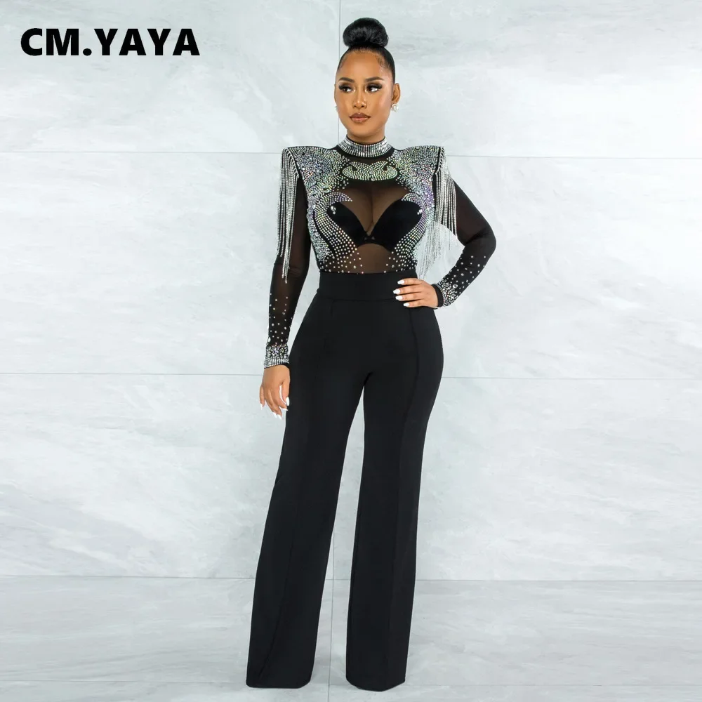 Women Jumpsuit Solid High Collar Hot Drill Mesh Shoulder Cotton Long Sleeves Long Straight Jumpsuit Sexy Party Outfits