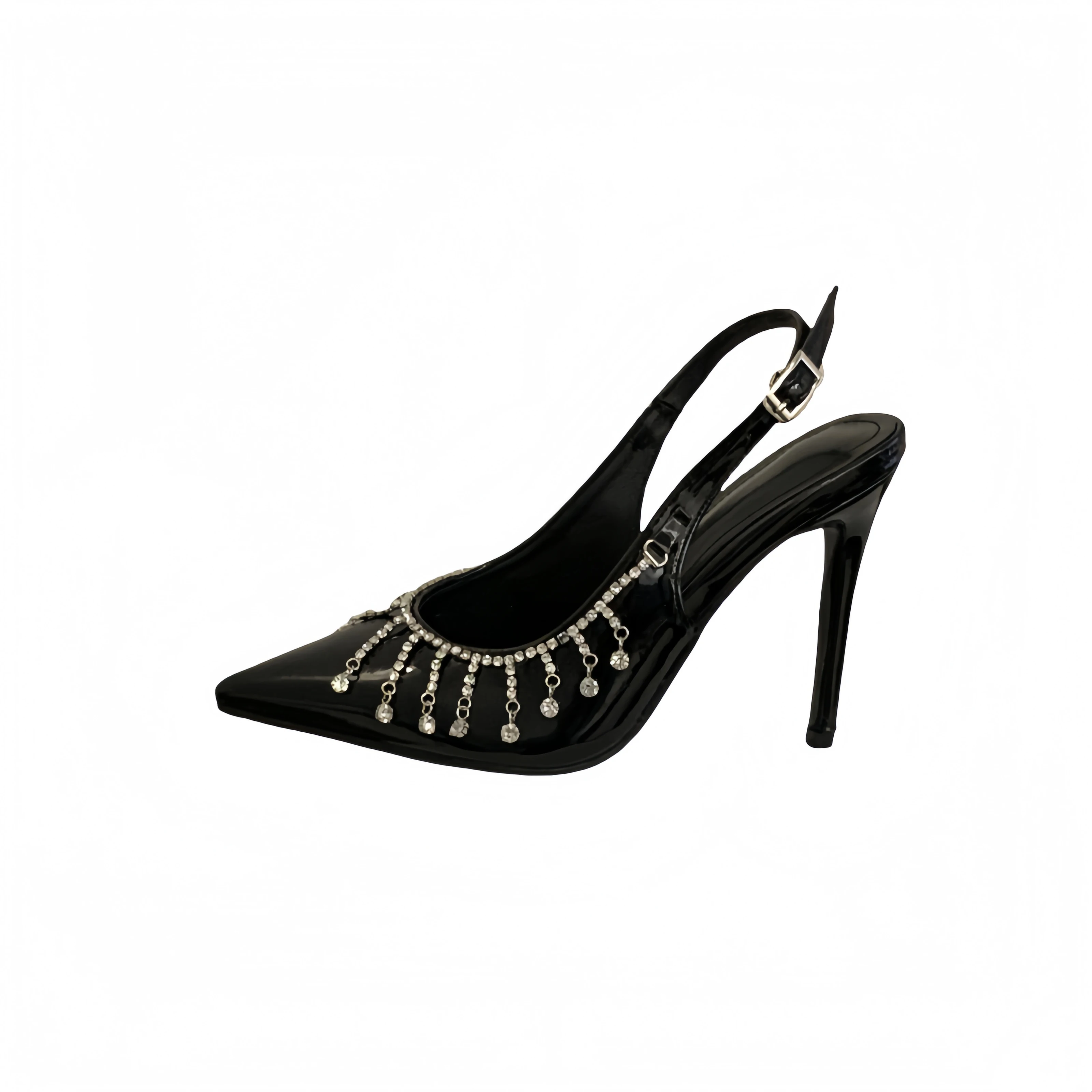 

11cm High Heels Women Pointed Toe Slingback Heels Rhinestone Tassels Office Shoes for Ladies Burgundy Pumps Summer Black Shoes