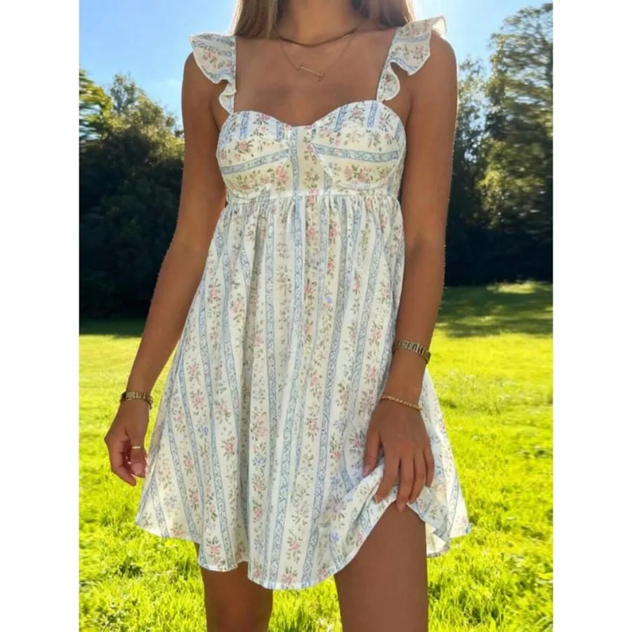 

【New Arrival】White Floral Stripe Print Ruffle Strap Mini Dress for Women Sweetheart Neck Empire Waist Casual Summer Sundress