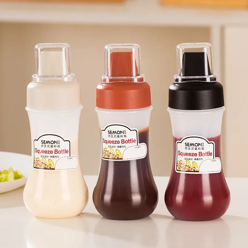 350ML Sauce Squeeze Bottle Five Hole Plastic Ketchup Bottle Sauce Honey Dispenser Container Olive Oil Bottles Kitchen Condiment