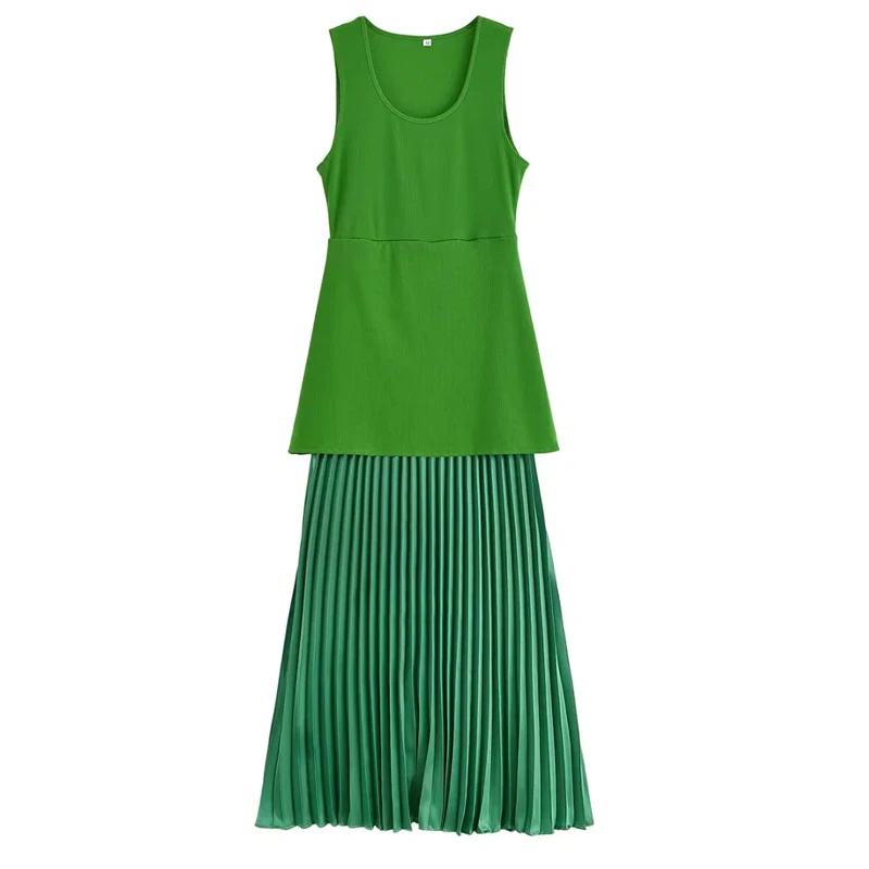 HXAO Knitted Long Dresses Woman 2025 Sleeveless Pleated Green Maxi Dress Summer Patchwork Vest Elegant Dresses For Women