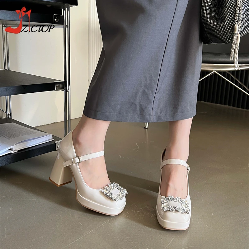 

Luxury Rhinestone Platform Women Pumps Square Toe Buckle Strap Thick High Heels Mary Jane Shoes Ladies Elegant Party Shoes