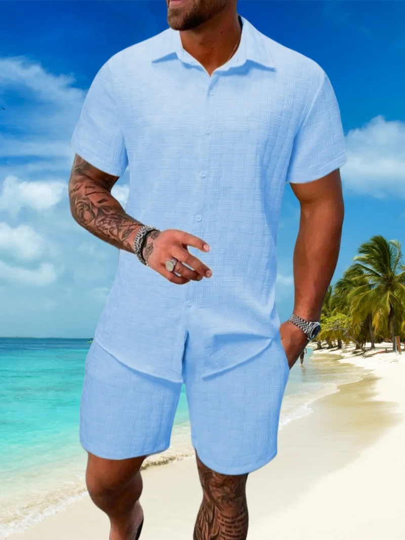 

2025 Summer Beach Men's casual jacquard solid color fashion lapel short-sleeved vacation style shirt shorts two-piece set