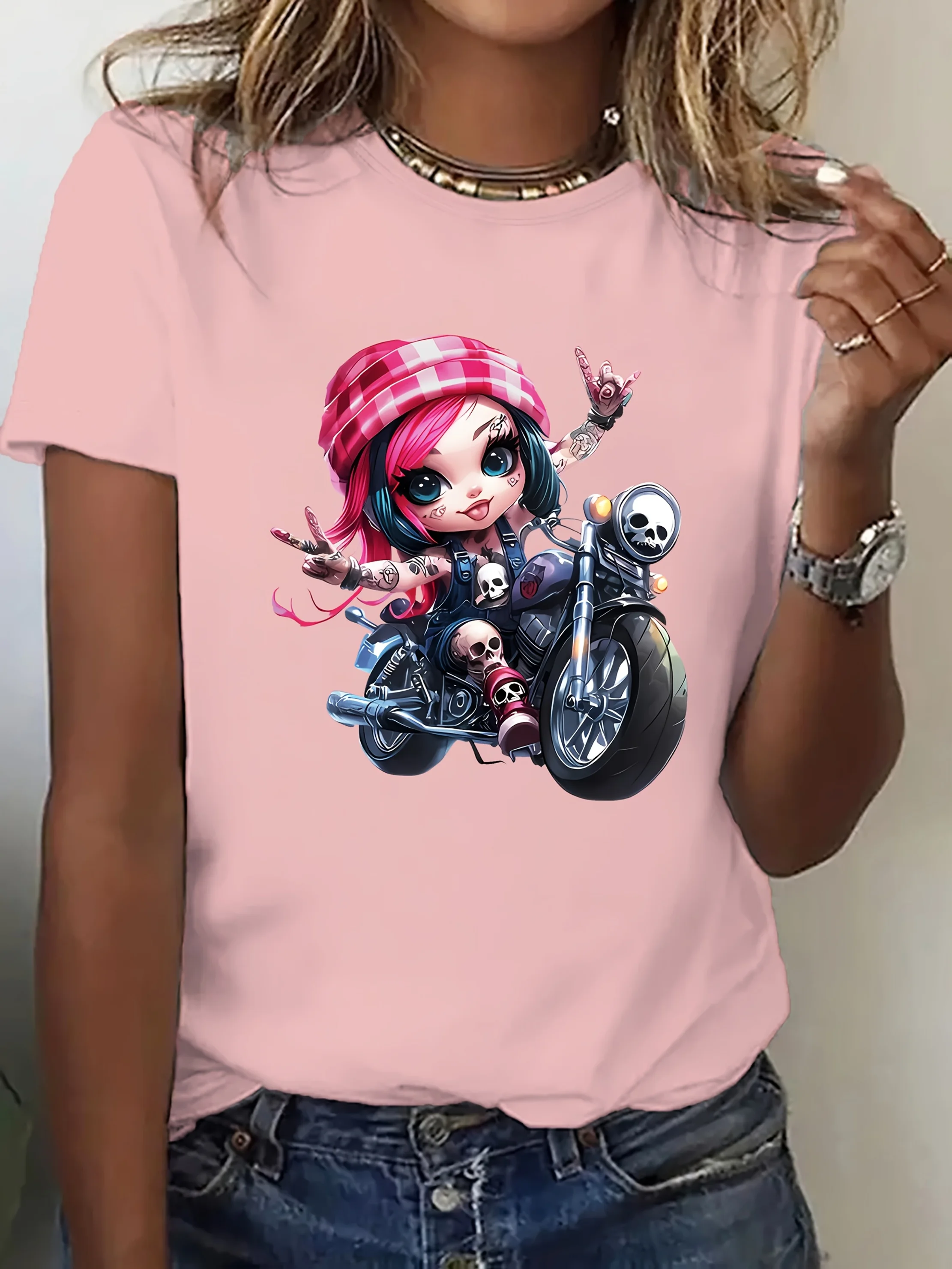 Cool Motorcycle Girl! Printed with Cartoon Image Pattern Women's Round Neck Casual Sports All Season Comfortable T-shirt