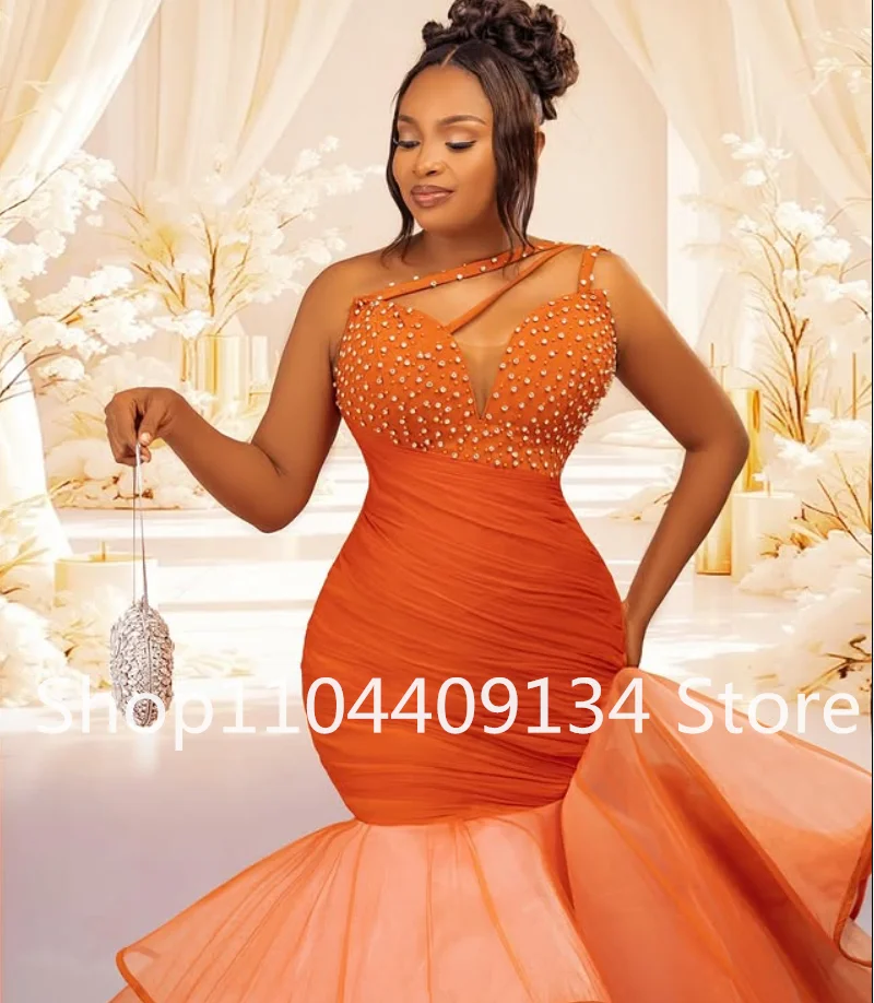 فساتين رسمية طويلة بحورية البحر باللون البرتقالي للحفلات الراقصة الأفريقية لؤلؤية بكتف واحد وكشكشة تنورة Aso Ebi مناسبة مسائية مخصصة