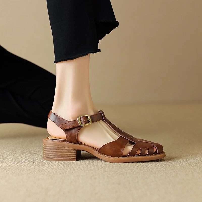 2024 Summer Sandals Cowhide Round Toe Women Sandals Chunky Heel Women Shoes Cover Toe Shoes for Women Hollow Out Mary Jane Shoes