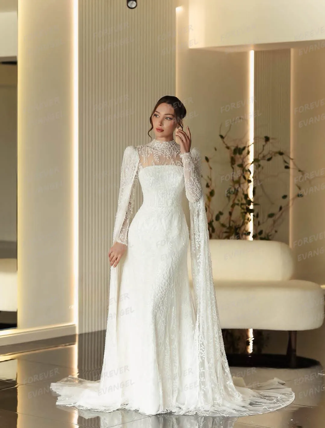 Shawl Lace Elegant Wedding Dresses Appliques Mermaid Woman Bride Gowns Customized High Neck Long Sleeve Formal Vestidos De Novia