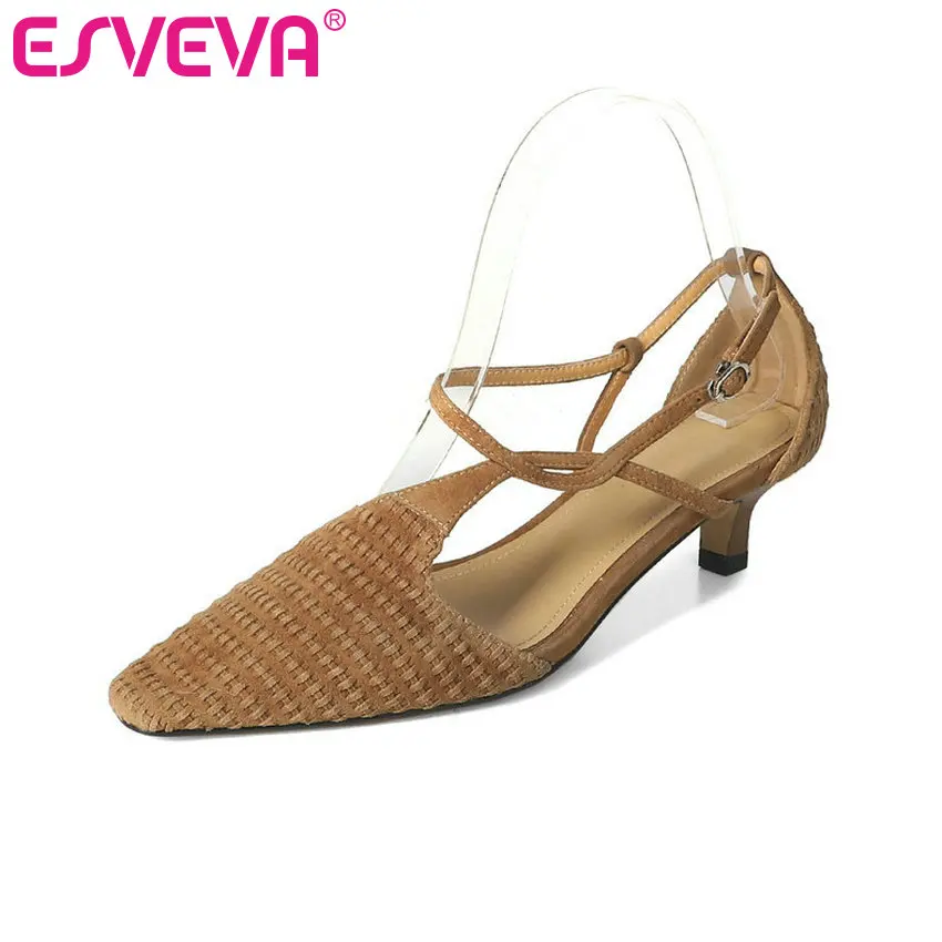 

ESVEVA 2024 Fashion Genuine Leather Woman Pumps Thin Med Heel Pointed Toe Buckles Party Wedding Shoes Sandals Size 34-39