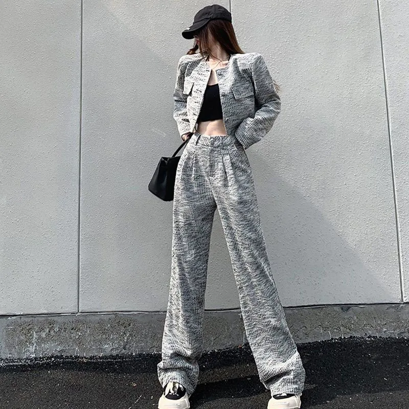 

Spring New Two Piece Cargo Pants Gary Short Jacket Coat+Elegant Wide Leg Pants Zipper Two Piece Pants Set Office Lady Two Piece