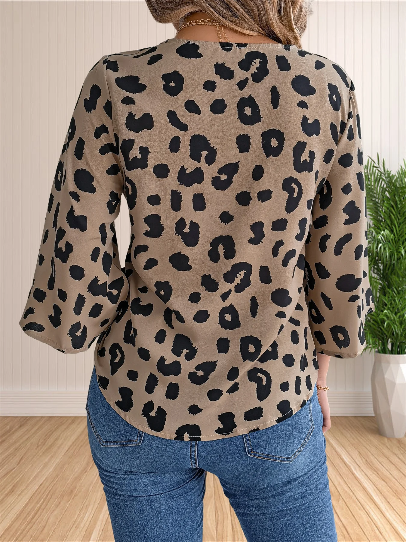 여성용 루즈한 V넥 블라우스, 단추 다운 3/4 소매 타이 매듭 튜닉 셔츠 상의