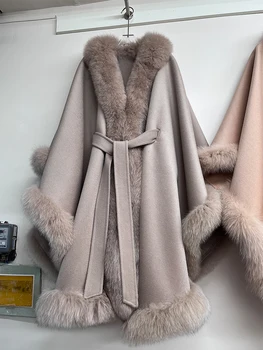 Yeni kışlık kürk palto doğal gerçek tilki kürk yaka uzun kaşmir yün yün kadın ceket lüks dış giyim bayanlar kadın ceket