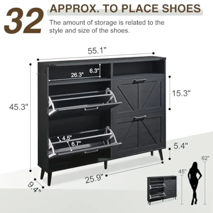 Farmhouse shoe storage cabinet for entryway use, made of engineered wood in white finish, featuring 4 flip drawers and open she