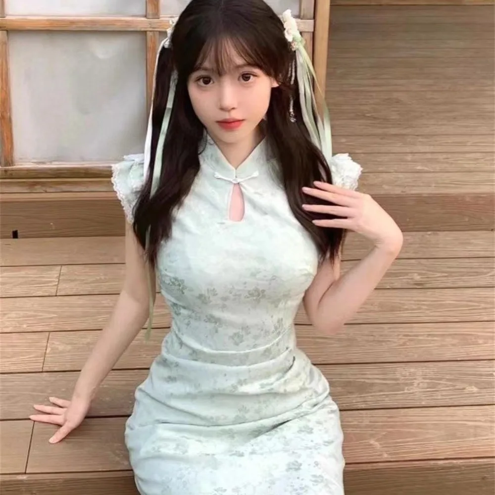 New Chinese Style Green Mini Dress for Women, Summer Improved Qipao with Petal Sleeves, High Waist Elegant Cheongsam