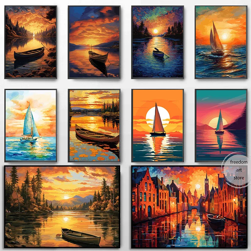 Vintage Boat Sunset Sailboat on The Water Ocean Landscape Art Poster Canvas Painting Wall Prints Picture Living Room Home Decor