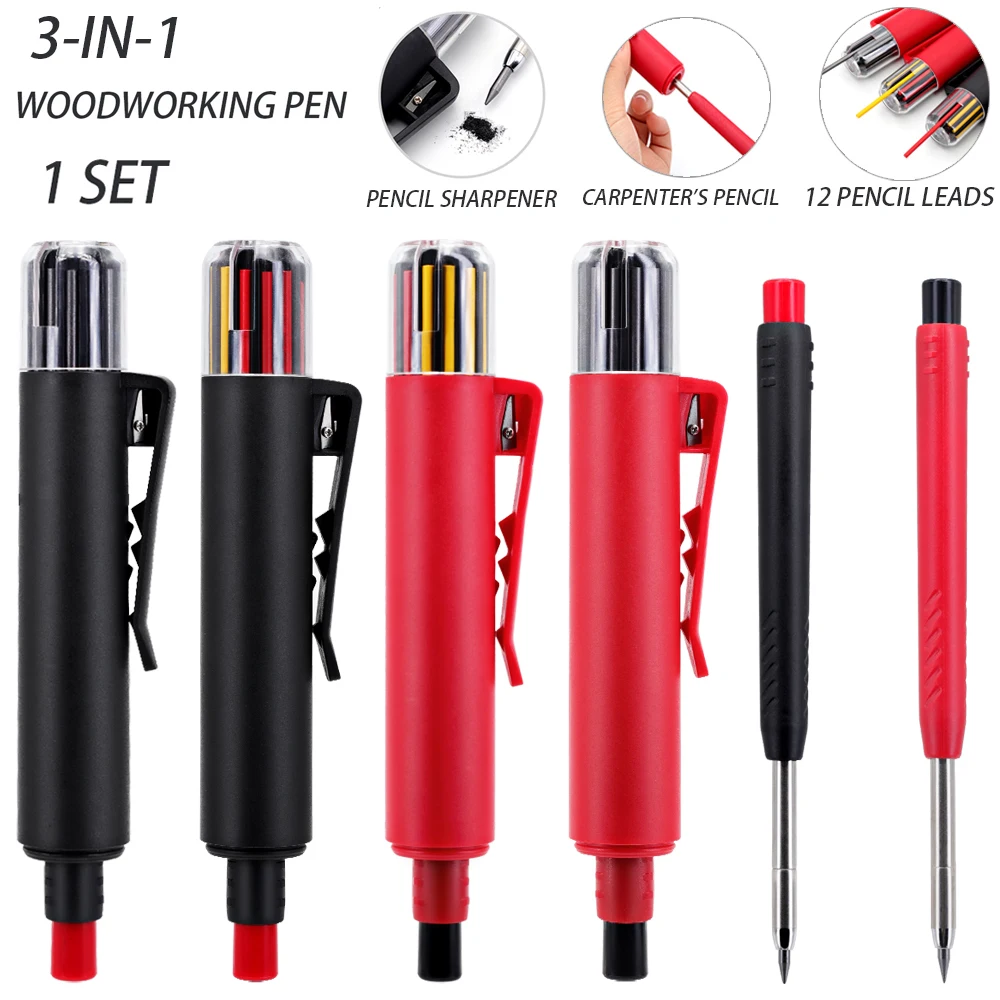 3-in-1 Woodworking Pen 1 Set 2.8mm Replacement Pencil Lead Rotate Out the Cores Design 12 Lead Deep Hole Lead Marking Tool