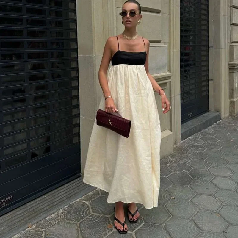 

Elegant Loose Sling Long Dresses Women Square Collar Sleeveless Backless High Waist Suspender Dress 2024 Summer Sexy Lady Robe