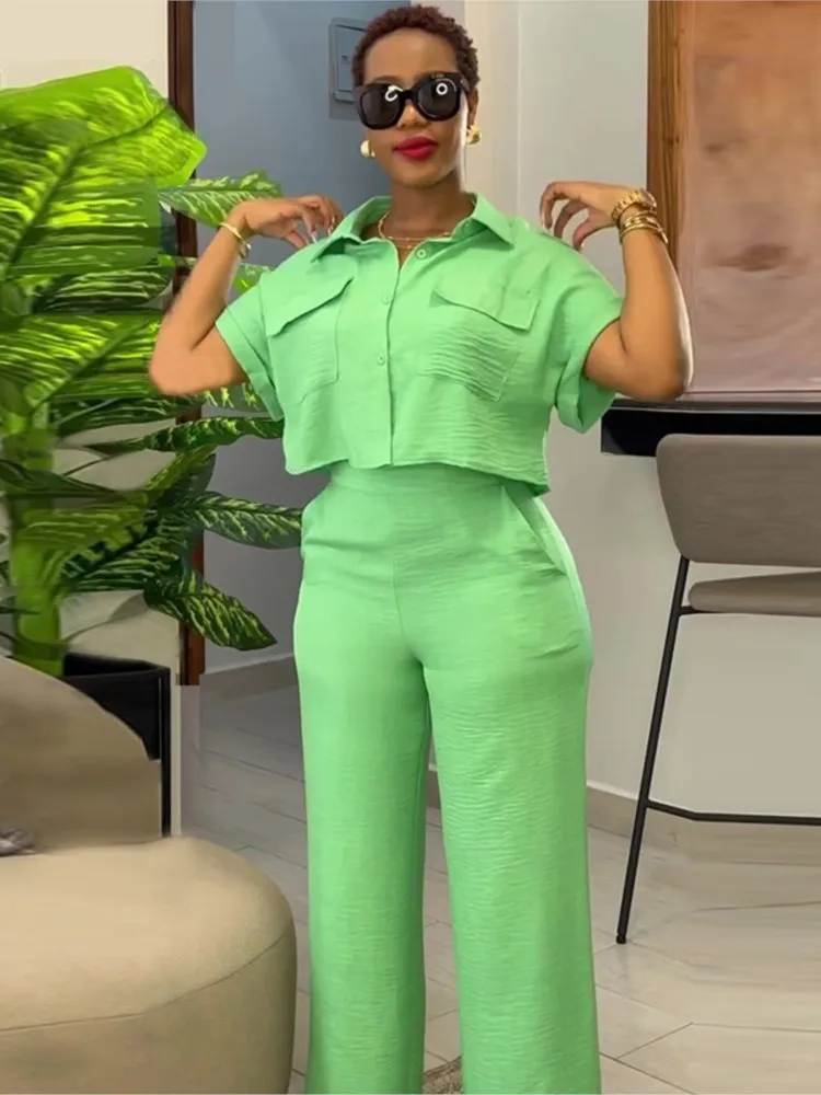 Dwuczęściowe zestawy damskie Wiosna Lato Casual Solid Turn-down Neck Short Sleeve Loose Top & Wide Leg Pants Set Streetwear Outfits