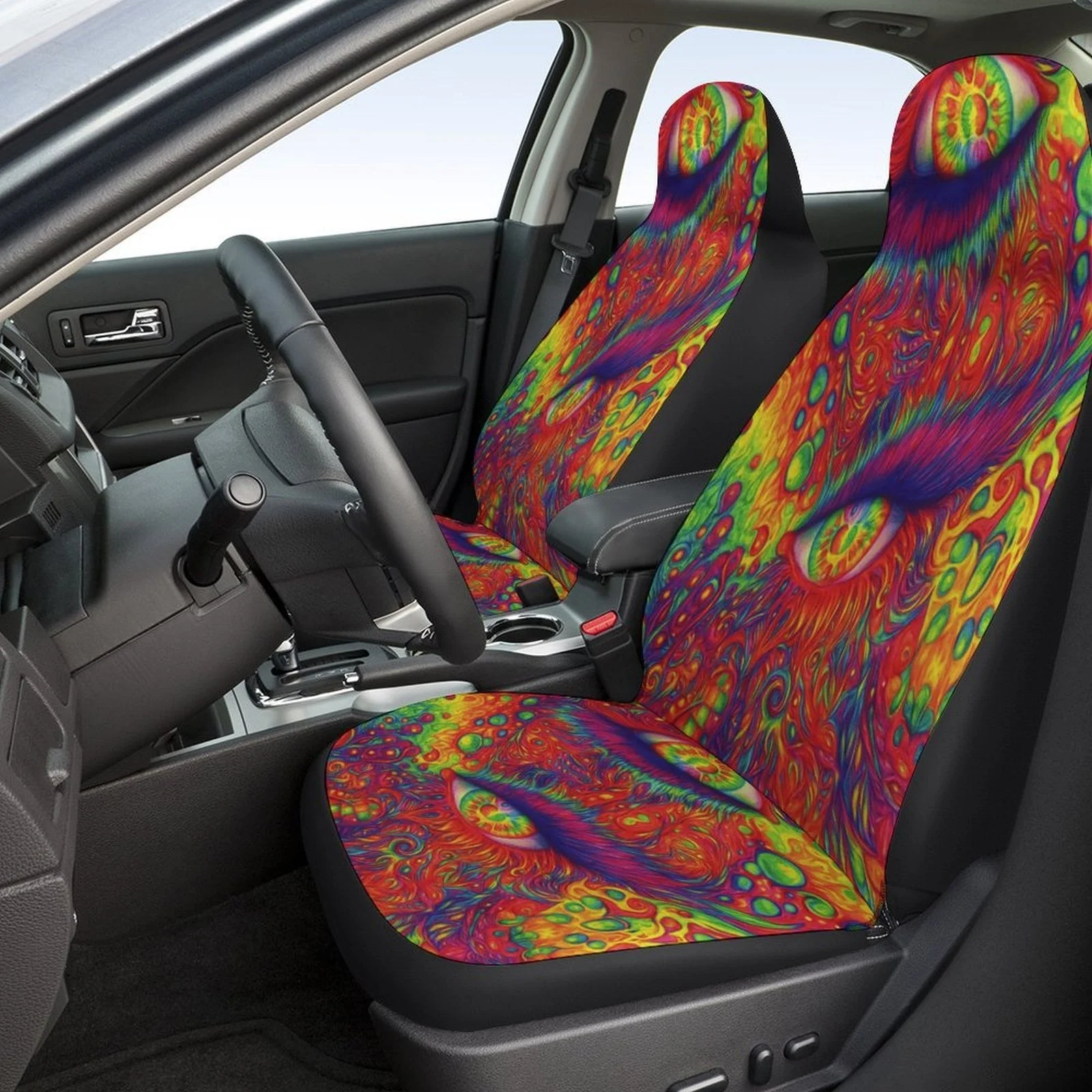 A Set Of Car Seat Covers Featuring Psychedelic Designs, Suitable For Various Vehicles. These Trendy And Breathable Covers Serve