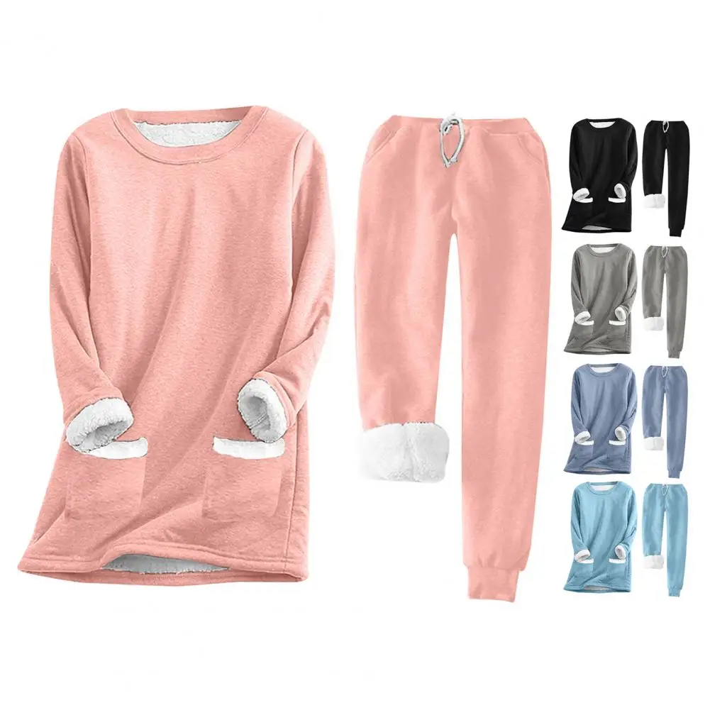 Vrouwen Tweedelig Pak Gezellig Fleece Gevoerde Pyjama Set Met Trekkoord Taille Lange Mouw Sweatshirt Voor Dames Warm Voor Dames