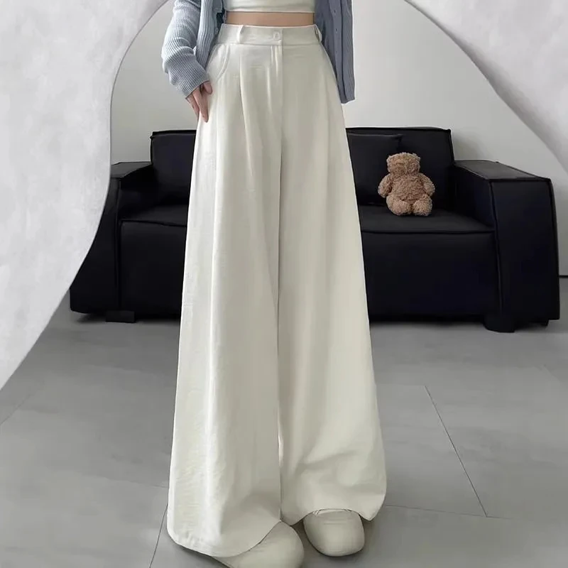 

Женские брюки с высокой талией из ледяного шелка, широкие, прямые, повседневные, свободные, стройнящие, летние, новинка 2025 года, для офиса и на каждый день