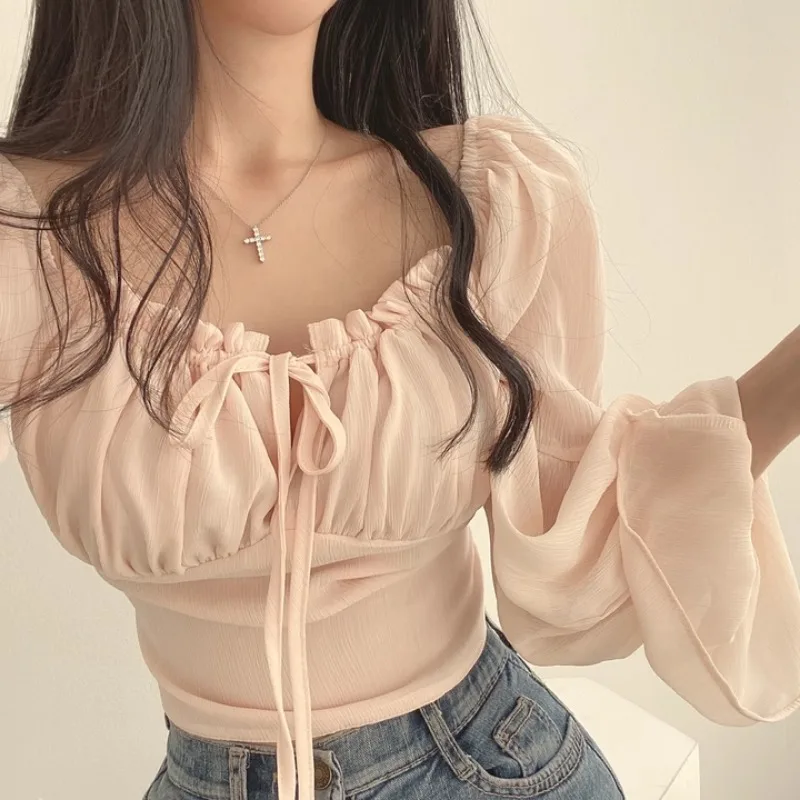 French Style Blouses for Women Prevalent Solid Flare Sleeve Thin V-neck Lace-up Design Slim Sexy Girls Spring Autumn New Simple