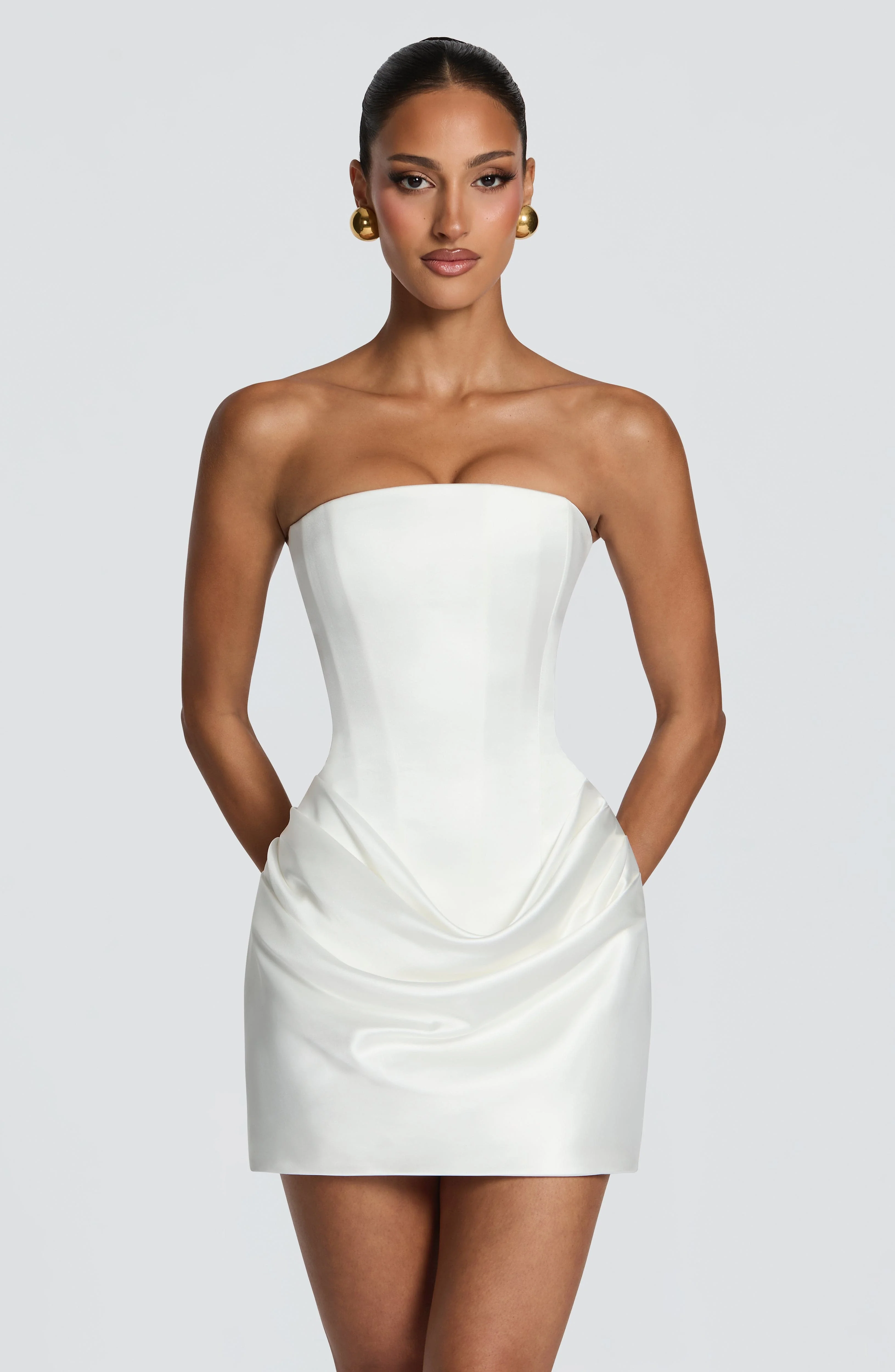 2 Styles White Satin Mini Dress One Shoulder Strapless Corset Ruched Bodycon Short Dress Cocktail Bachelorette Party Gown view 4