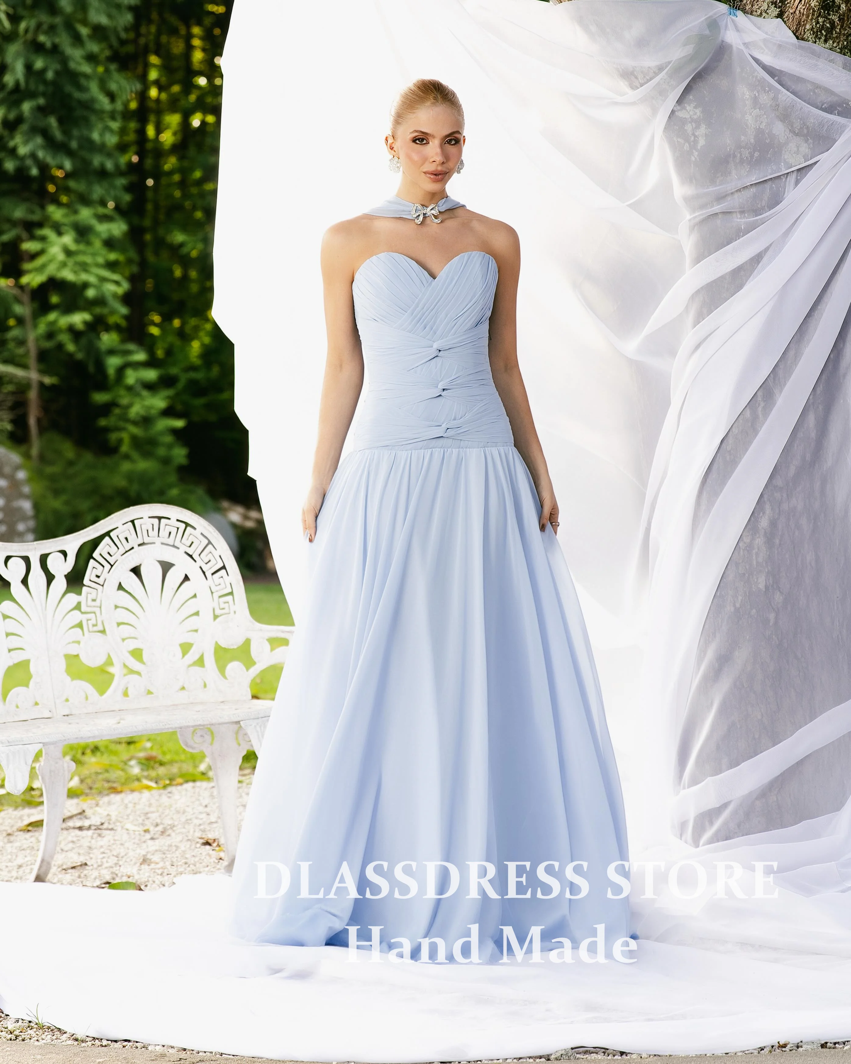 Customized Sky Blue Chiffon Prom Dresses with Scarf A-Line Evening Gowns Pleated Ruched Formal Party Dress vestido de festa 3