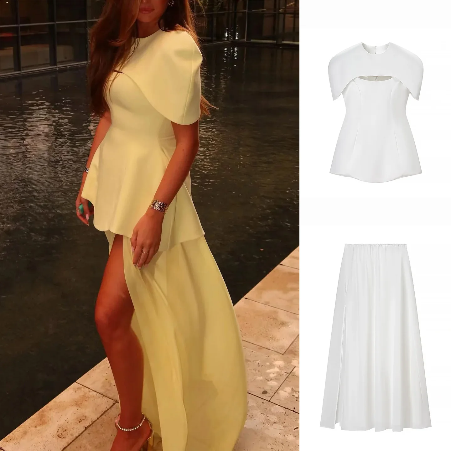 

2025 Autumn New round Ne Small oulder Wrap Top Svel Vest High Waist A-Line Skirt Tee-Piece Set Women's Faion