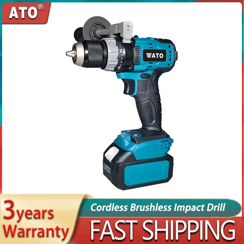 ATO Brushless Electric Drill 52Nm Wireless Cordless Impact Dirll Screwdriver Lithium Power Tools For Makita 18V Battery