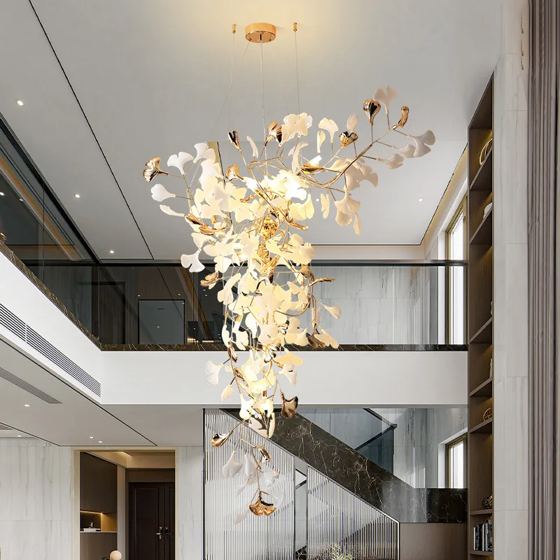 @Villa empty living room headlights creative loft light luxury ginkgo biloba duplex floor apartment staircase long chandelier