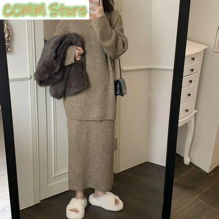 New Autumn Korean Simple Pullover Loose Sweater High Waist Comfortable Skirt Set Autumn Two-piece Set vestidos