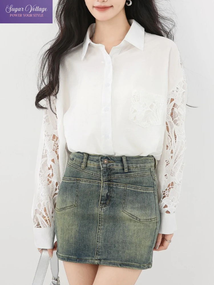 

Французская винтажная кружевная лоскутная блузка для женщин, осень 202, повседневная свободная рубашка с длинными рукавами, женский элегантный офисный женский топ, корейский шик