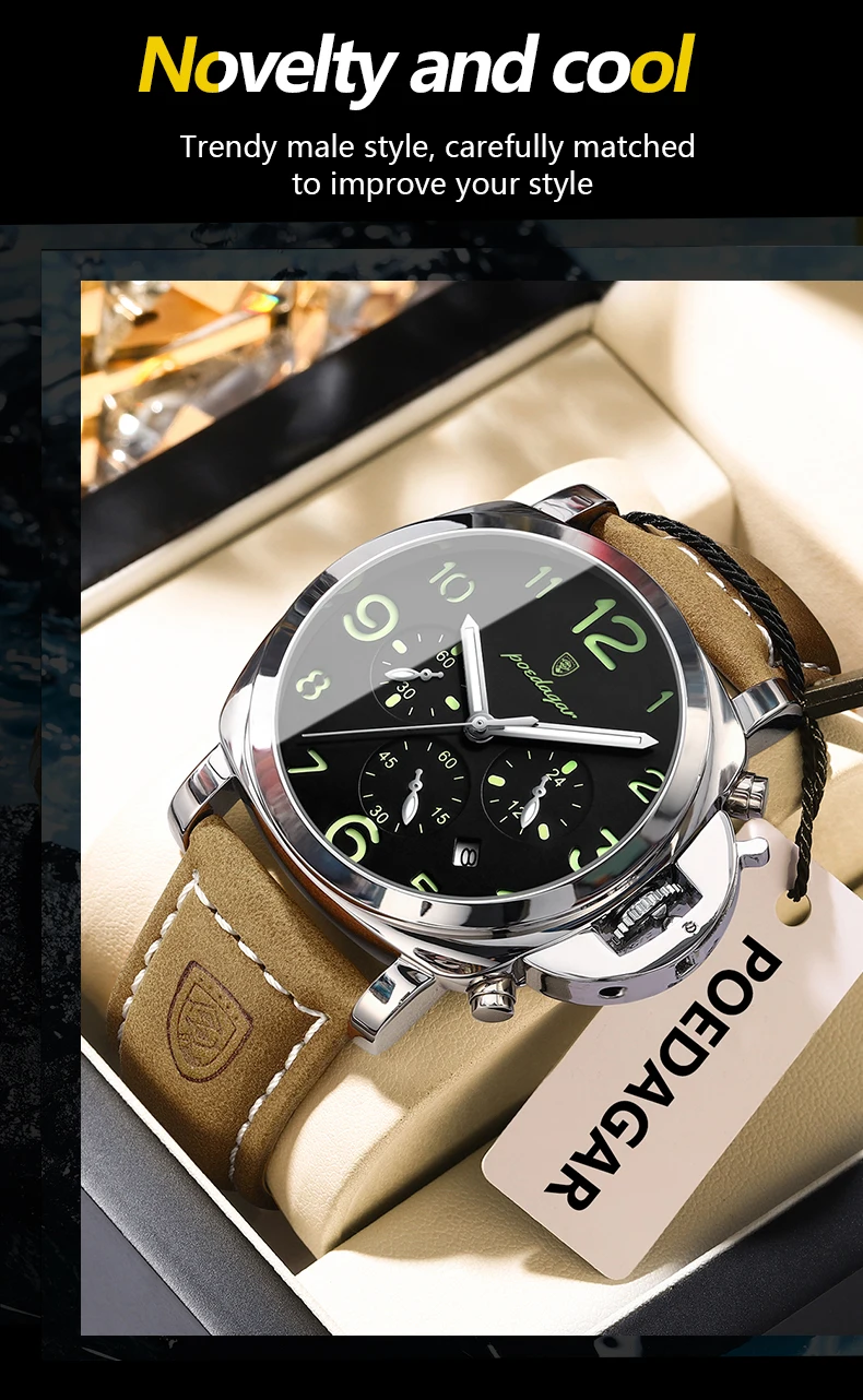 POEDAGAR Mode Luxus Männer Armbanduhr Wasserdicht Leucht Chronograph Datum Mann Uhr Einzigartige Sport Leder Quarz herren Uhren – Detail 13