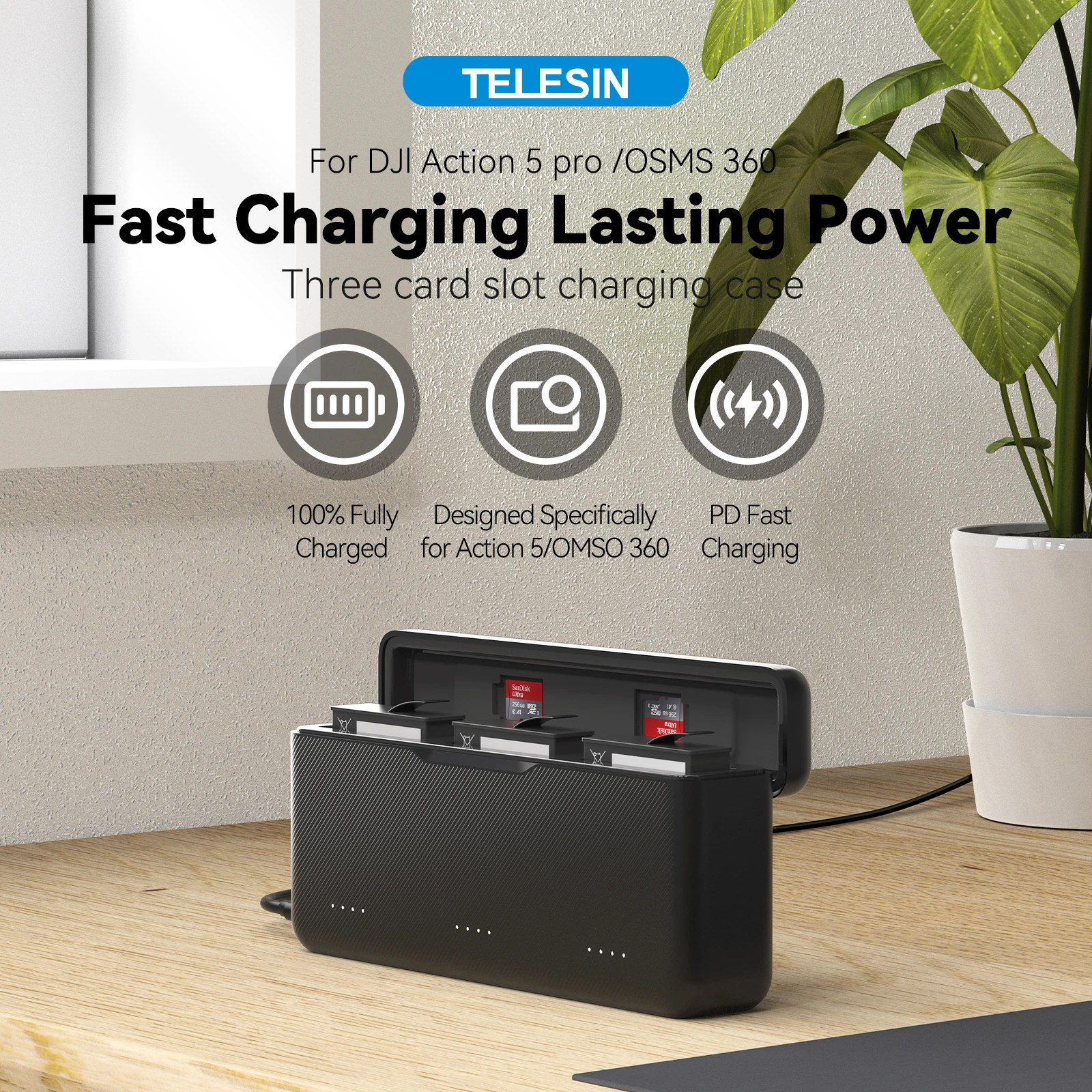 TELESIN 30W PD Fast Charger For DJI OSMO 360 Action 5pro 3 Slots Battery Pocket Charging Box for DJI OSMO Action 5pro 360